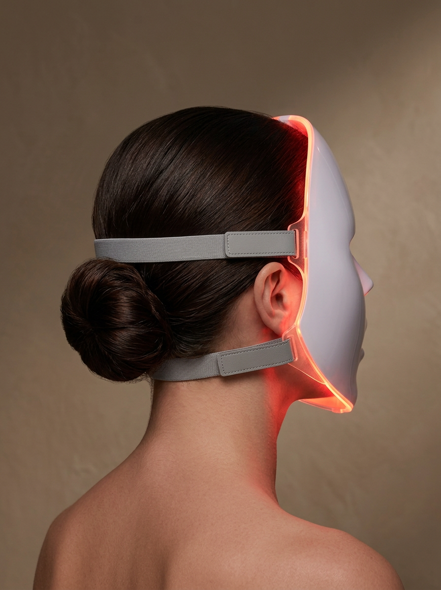Femme de trois quarts portant le masque LED AURINDE en lumière rouge