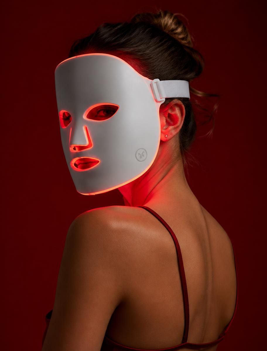 Femme de trois quarts portant le masque LED AURINDE en lumière rouge