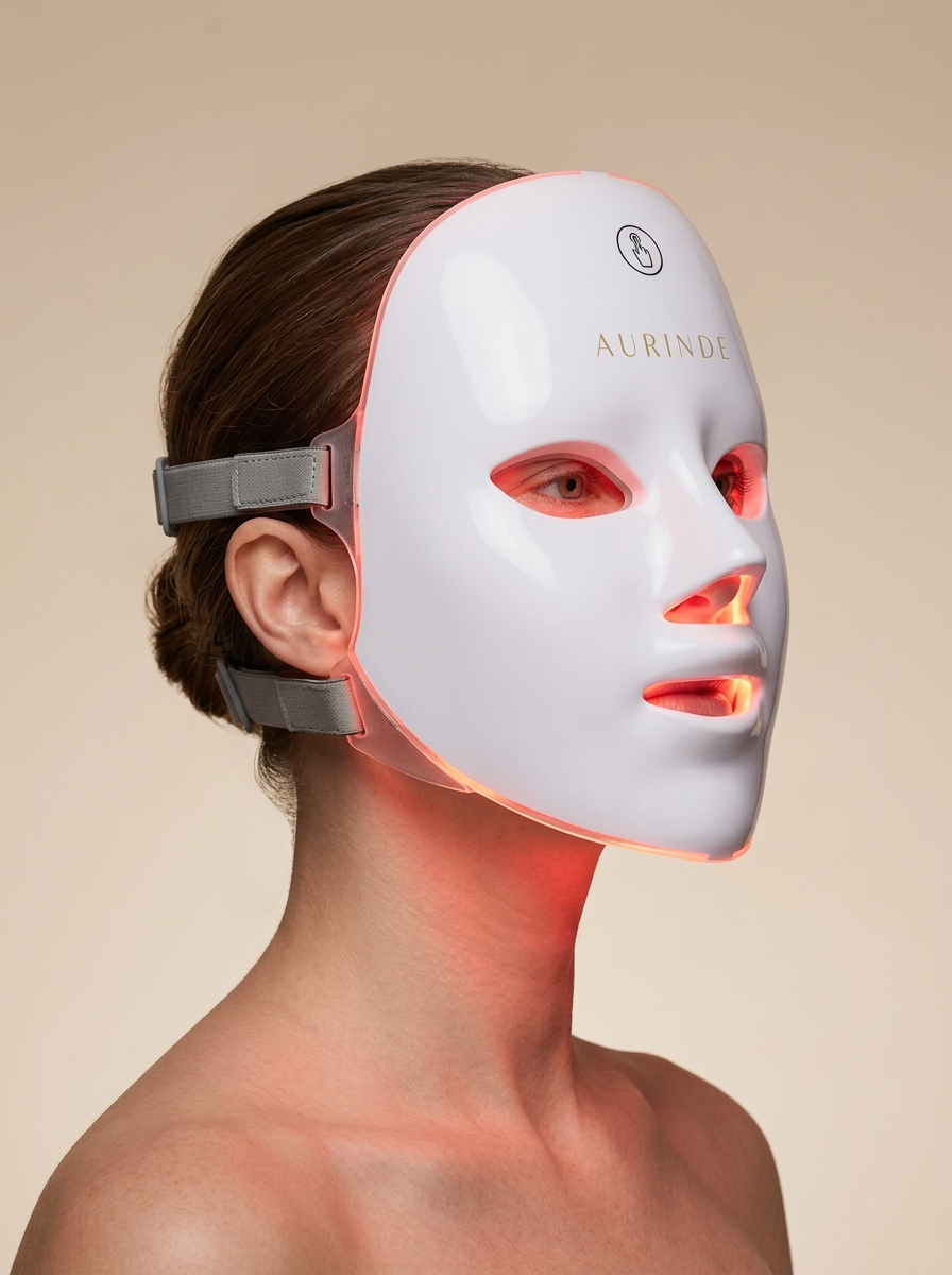 Femme de profil portant le masque LED AURINDE en lumière rouge