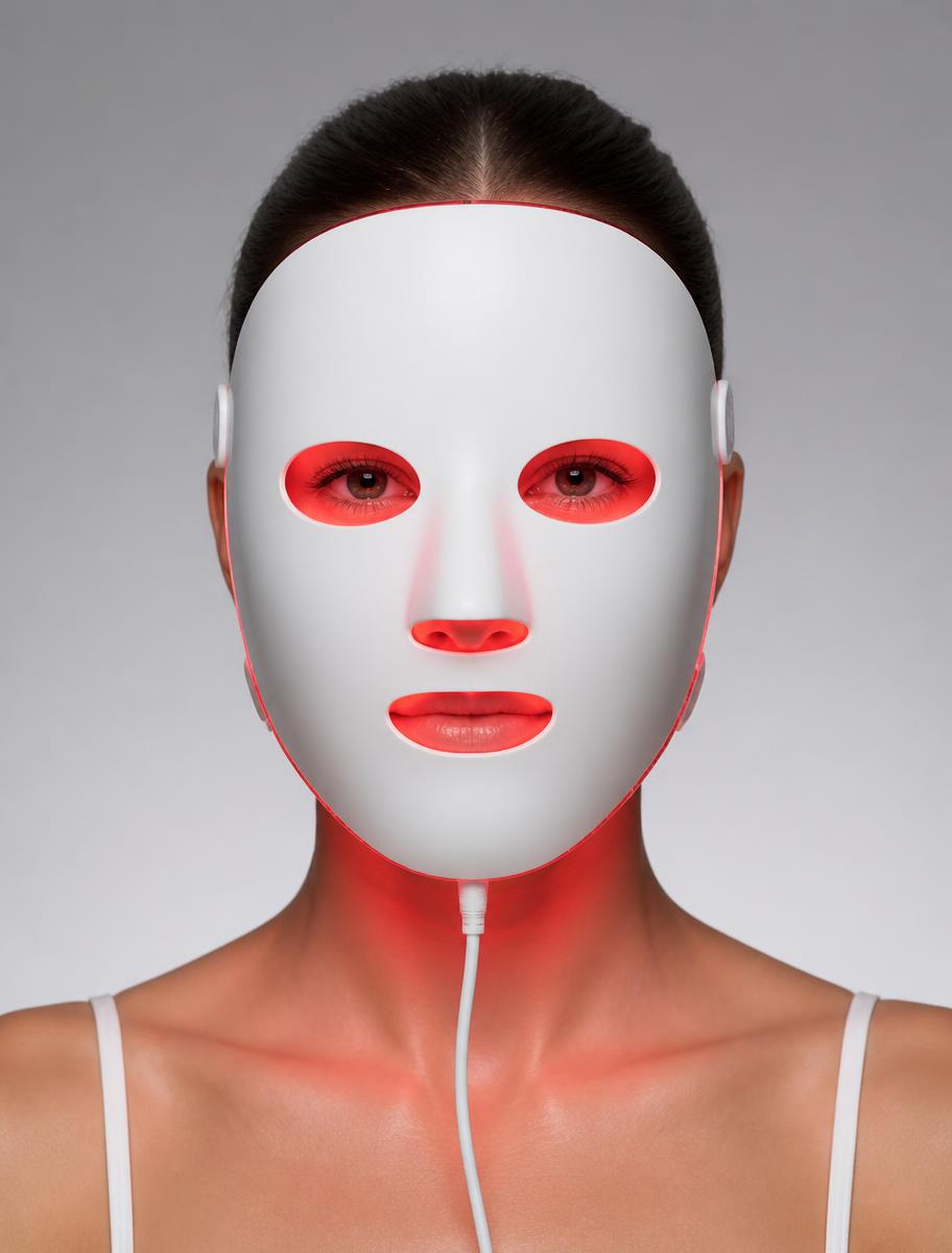 Femme de face portant le masque LED AURINDE en lumière rouge