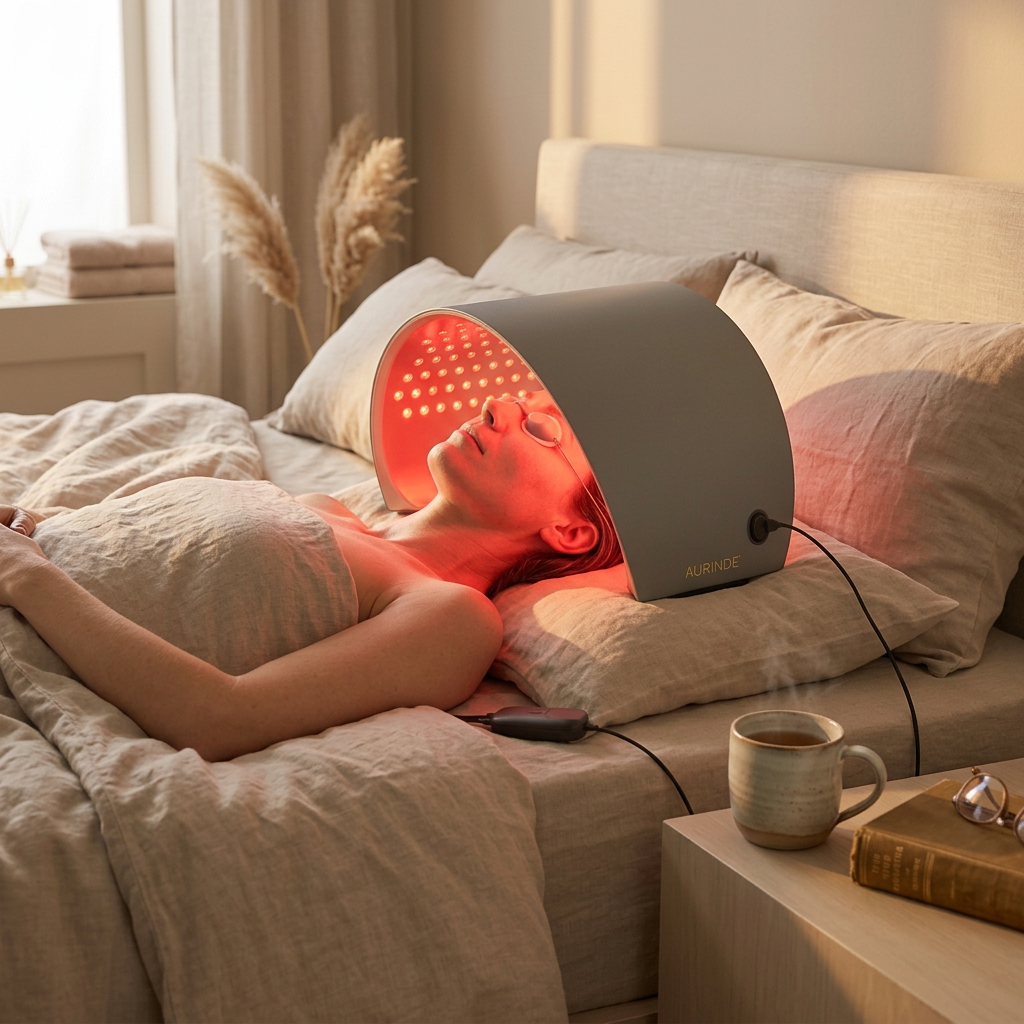 Séance de lumière rouge sous le Dôme LED Premium AURINDE dans une chambre