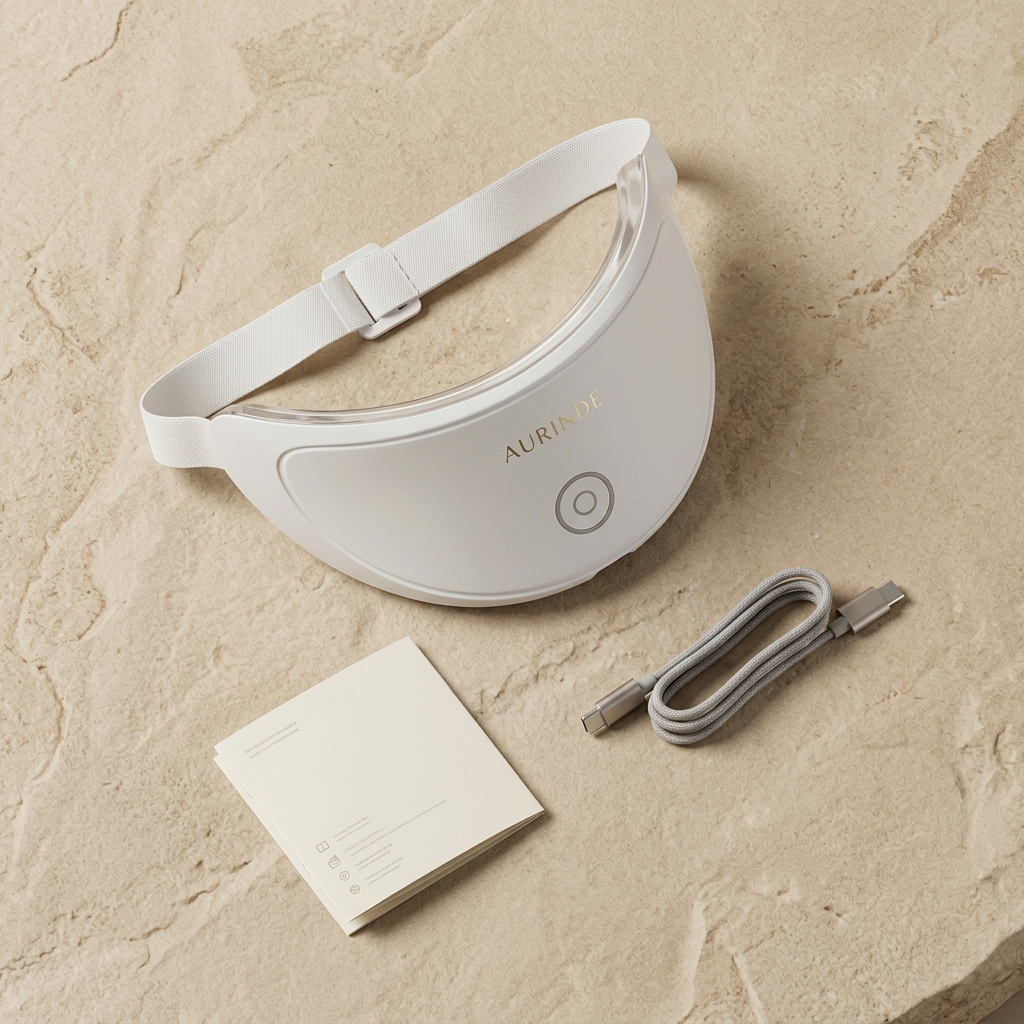 Le bandeau LED cou AURINDE présenté avec ses accessoires
