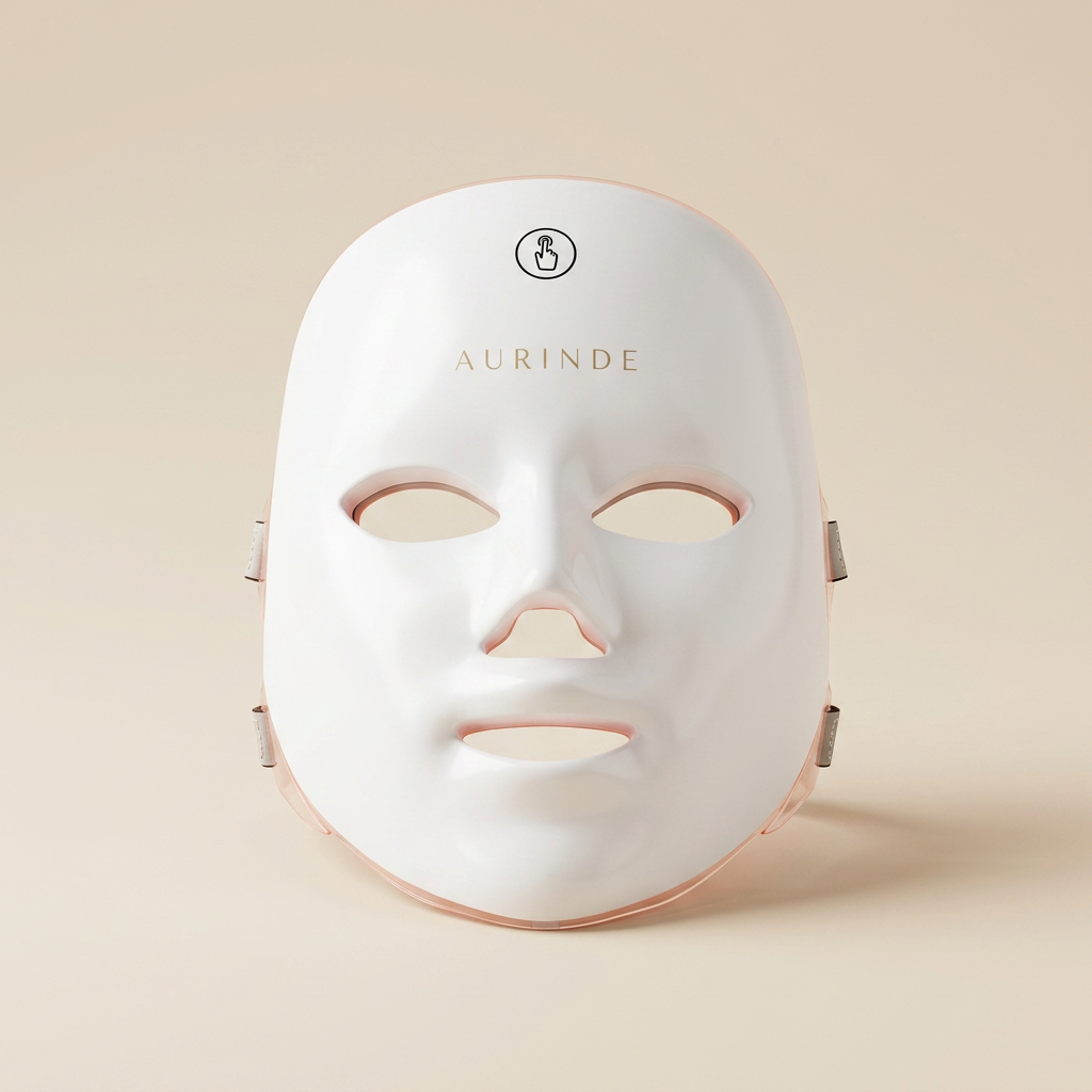 Masque LED visage AURINDE, packshot sur fond sable