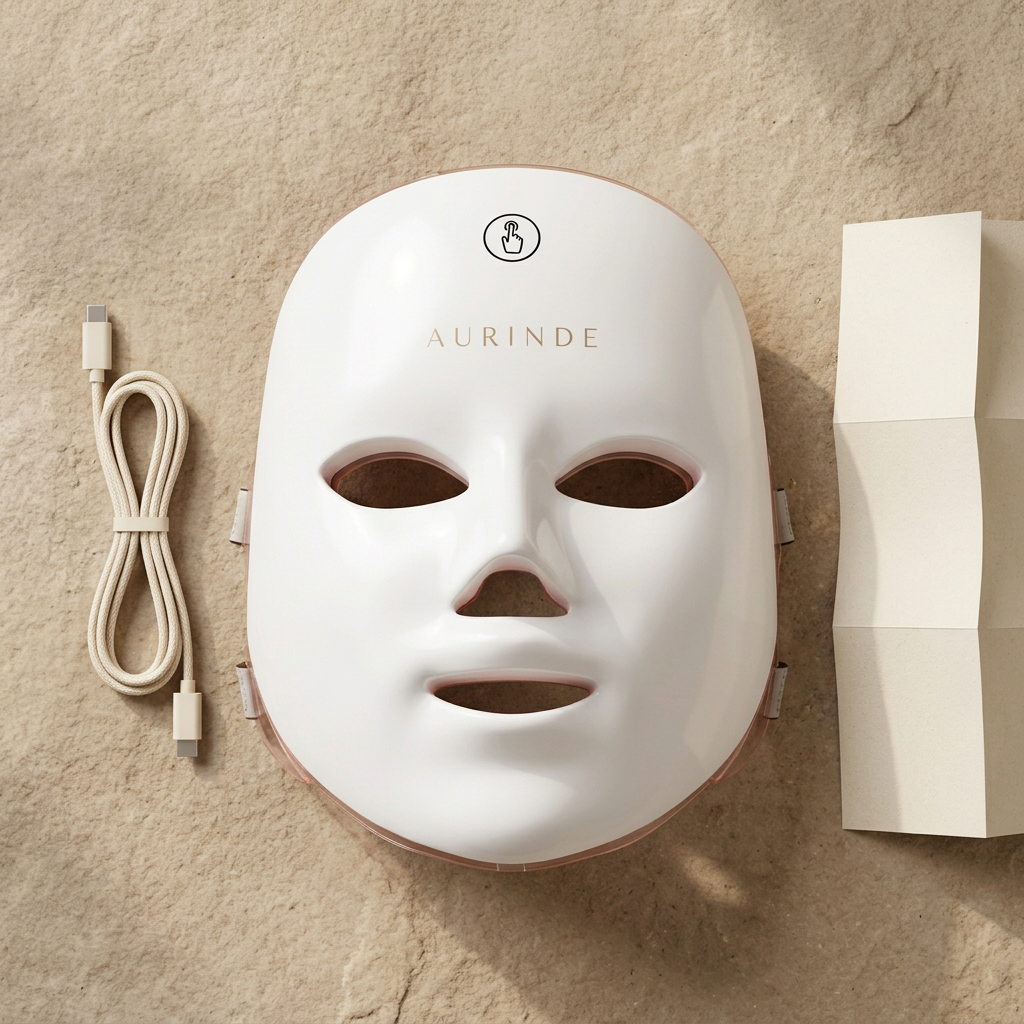 Le masque LED visage AURINDE présenté avec ses accessoires