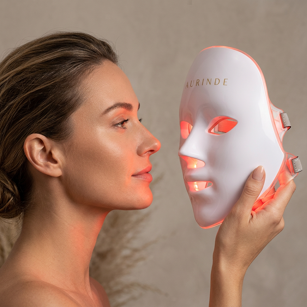 Masque LED visage AURINDE tenu de profil, marquage doré sur le front