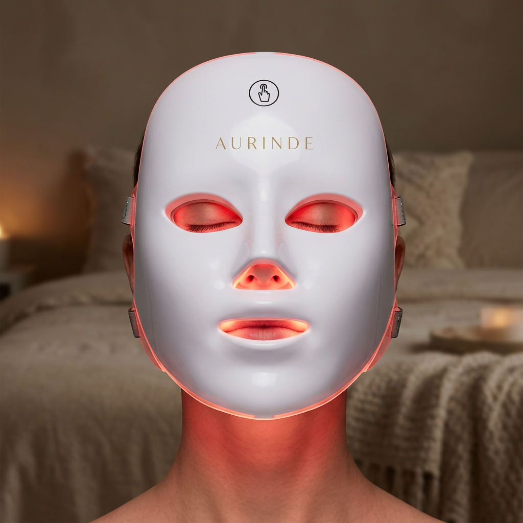 Femme portant le masque LED visage AURINDE pendant une séance