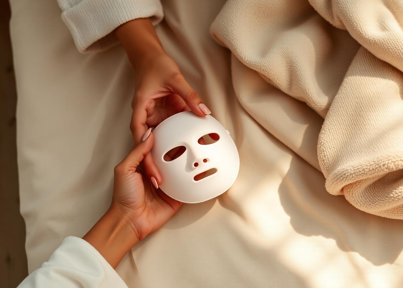 Masque LED tenu dans les mains sur du linge de lin crème