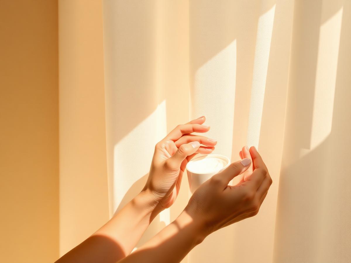 Lumière douce du matin, application d'un soin sur une peau nette