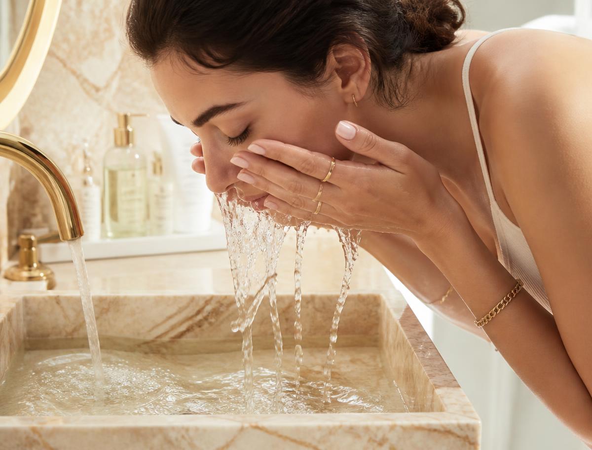 Nettoyage du visage devant un lavabo en marbre, lumière douce