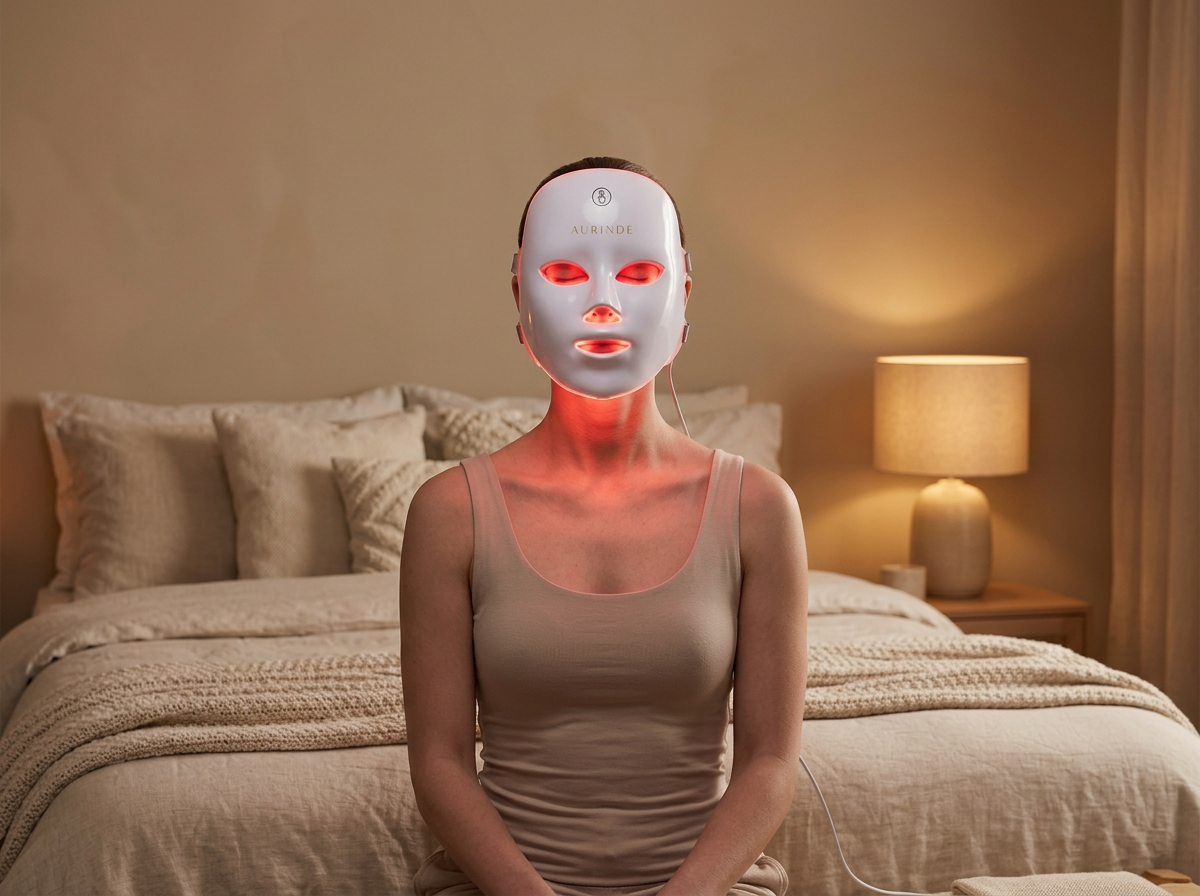 Masque LED posé sur un lit en lin beige, lueur rouge douce