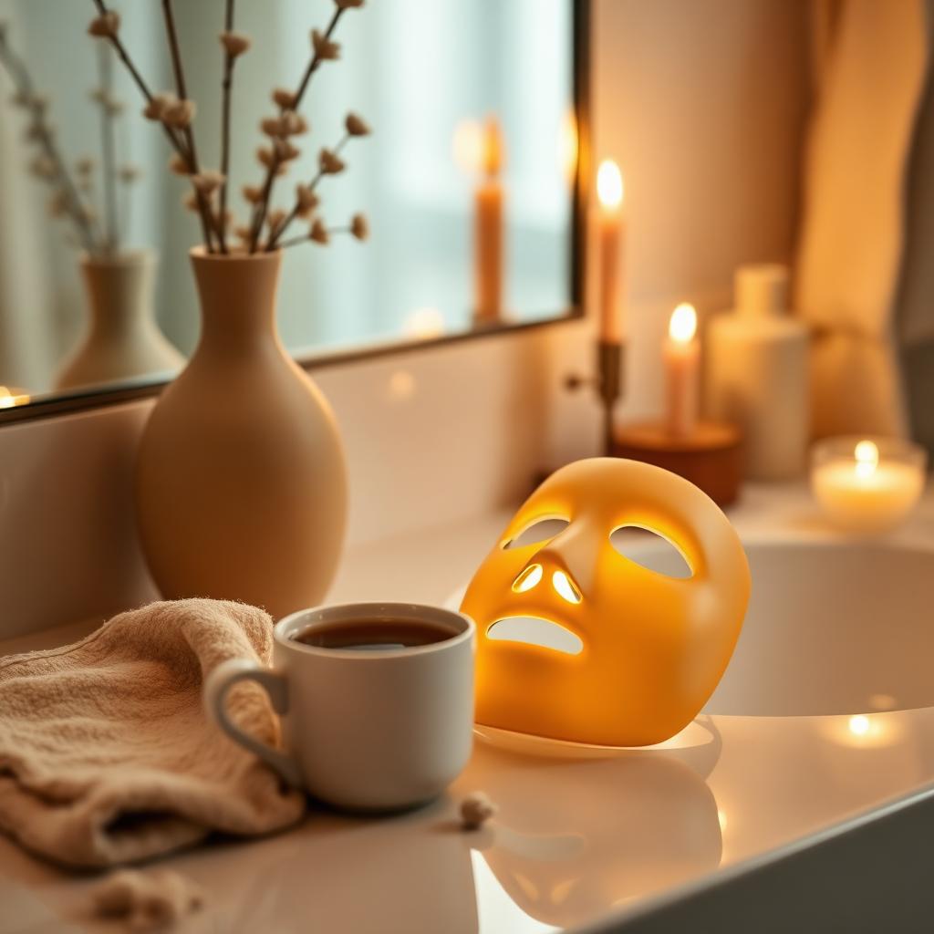 Masque LED AURINDE posé dans une salle de bain lumineuse