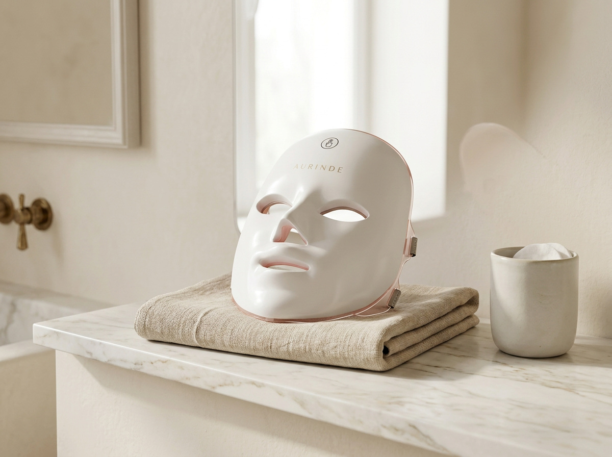 Masque LED AURINDE posé dans une salle de bain lumineuse
